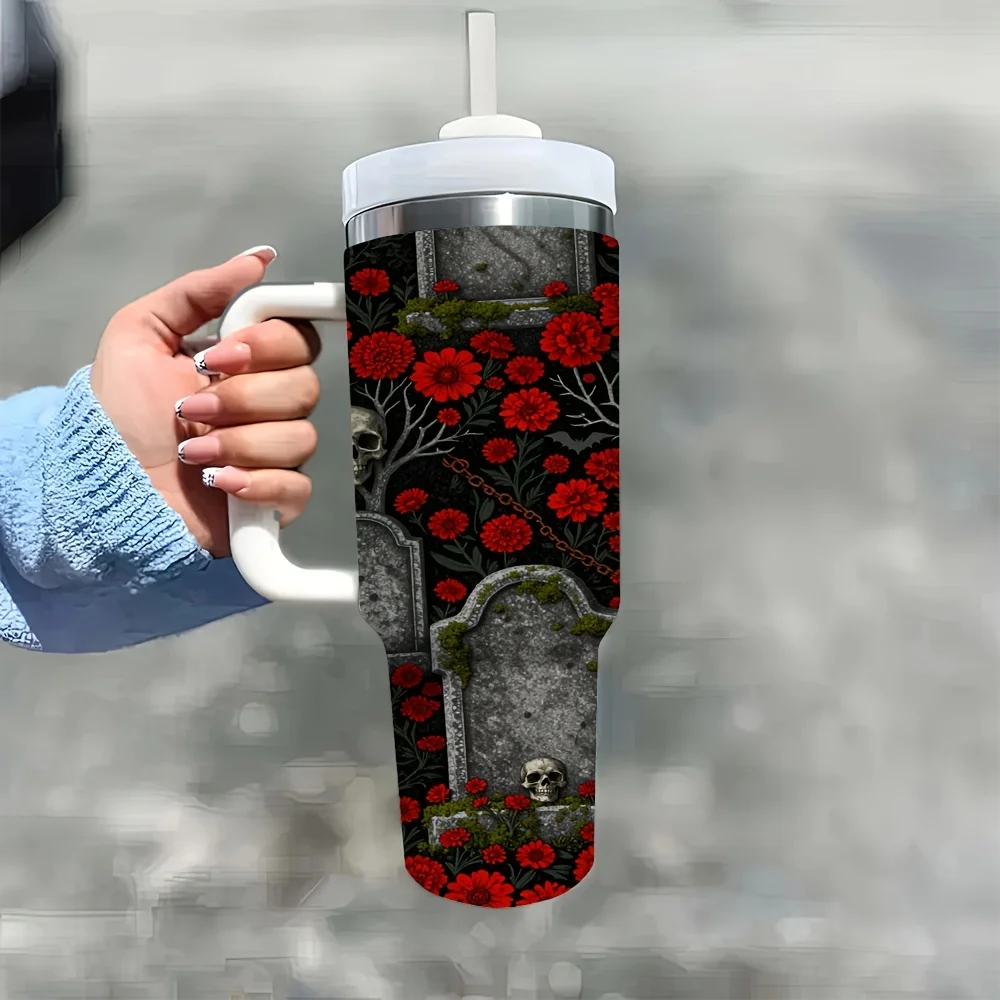 Halloween And Christmas 40Oz Insulated Tumbler with Handle And Straw, Gothic Skull Red Rose Tombstone Print Stainless Steel Travel Cup for Home Office Camping Car Daily Drinking