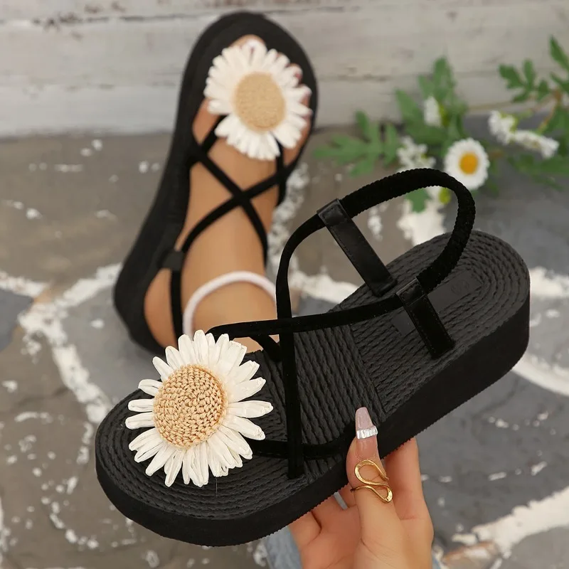 New Fashion Wedge Sandals 2026 Summer Casual Outdoor Beach Thick Sole Female Shoes Trendy Flower Decor Casual Comfort Sandals