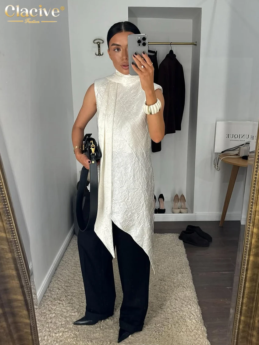 Clacive Sexy Loose Beige Women's Top 2026 Summer Bow Collar Sleeveless Tank Top Lady Elegant Classic Lace-Up Tops Female Clothin