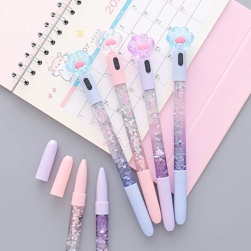 Kawaii Cat Claw Glowing Gel Pen Quicksand LED Light Pen Creative Stationery Student Signature Pens for Kids Girls Gift