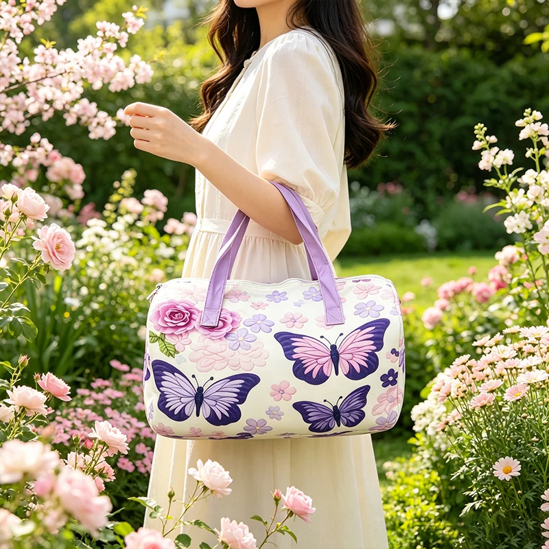 2Pcs Flower Print Butterfly Travel Weekender Bag, Cute Floral Duffel Tote with Makeup Bag, Overnight Gym Bag for Women
