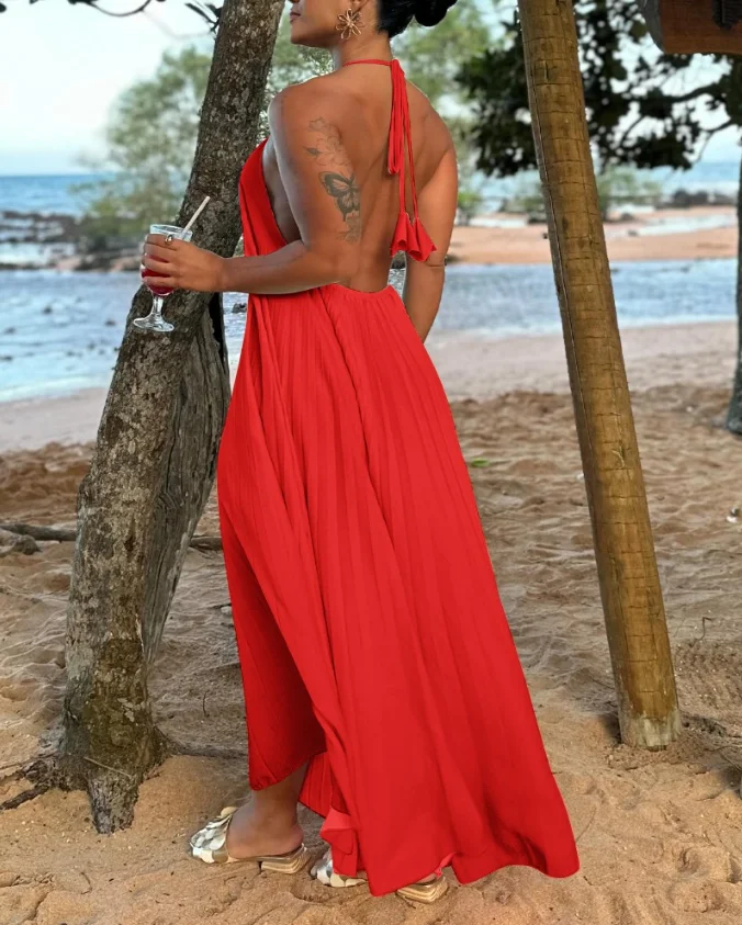 Women's Dress Halter Sleeveless Back Tied Detail Maxi Dress Casual Hollow Out A Line Pleated Dress Retro Sexy Elegant Dress