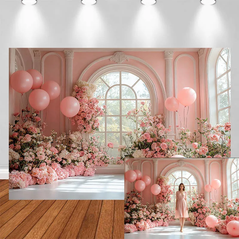 

LS Photography Background Pink Wall French Window Balloons Floral Sunlight Decor Wedding Adult Portrait Photo Backdrop Studio