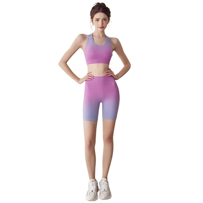 Women 2 Piece Yoga Set Dopamine Gradient Color Sports Suit High Elastic Fitness Outfit for Outdoor Running Training Workout Gym