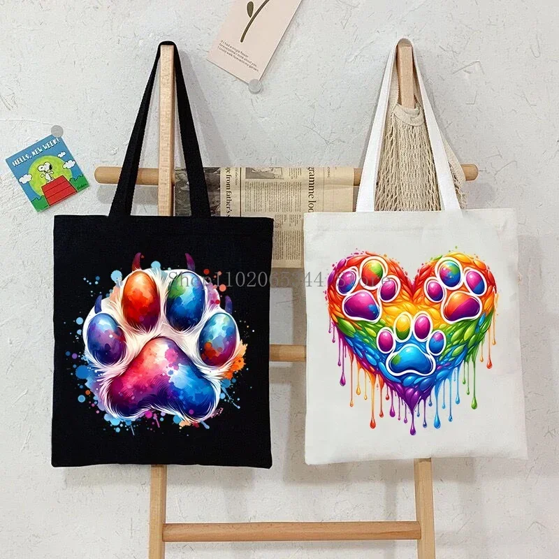 Casual Watercolor Style Cat Dog Paw Shoulder Bag Women Large Capacity Animal Lovers Handbags Fashion Trend Y2K Canvas Tote Bags