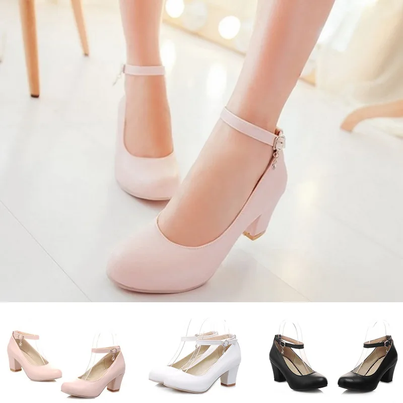 New Women Pumps Solid Buckle Lolita Shoes Square Heel Ankle Strap Shoes High Heel Platform Shoes Plus Size 42/43 Mary Jane shoes