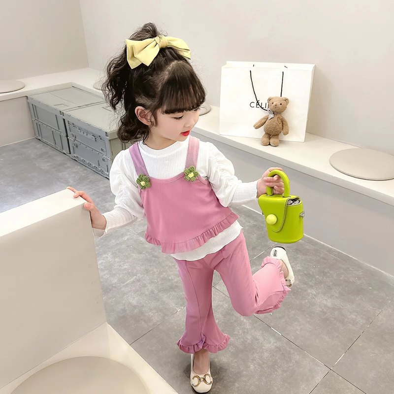

Spring Autumn New Style Girls' Three-Piece Set Strap Top Bottoms Flared Pants Cotton Base Layer Clothing Kids Fashion
