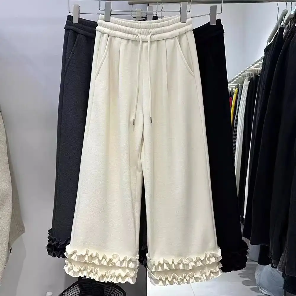 Ruffle Hem Wide Leg Sweatpants Women Elastic Drawstring Waist Casual Loose Trousers with Pockets Slim-looking Straight Leg Pants