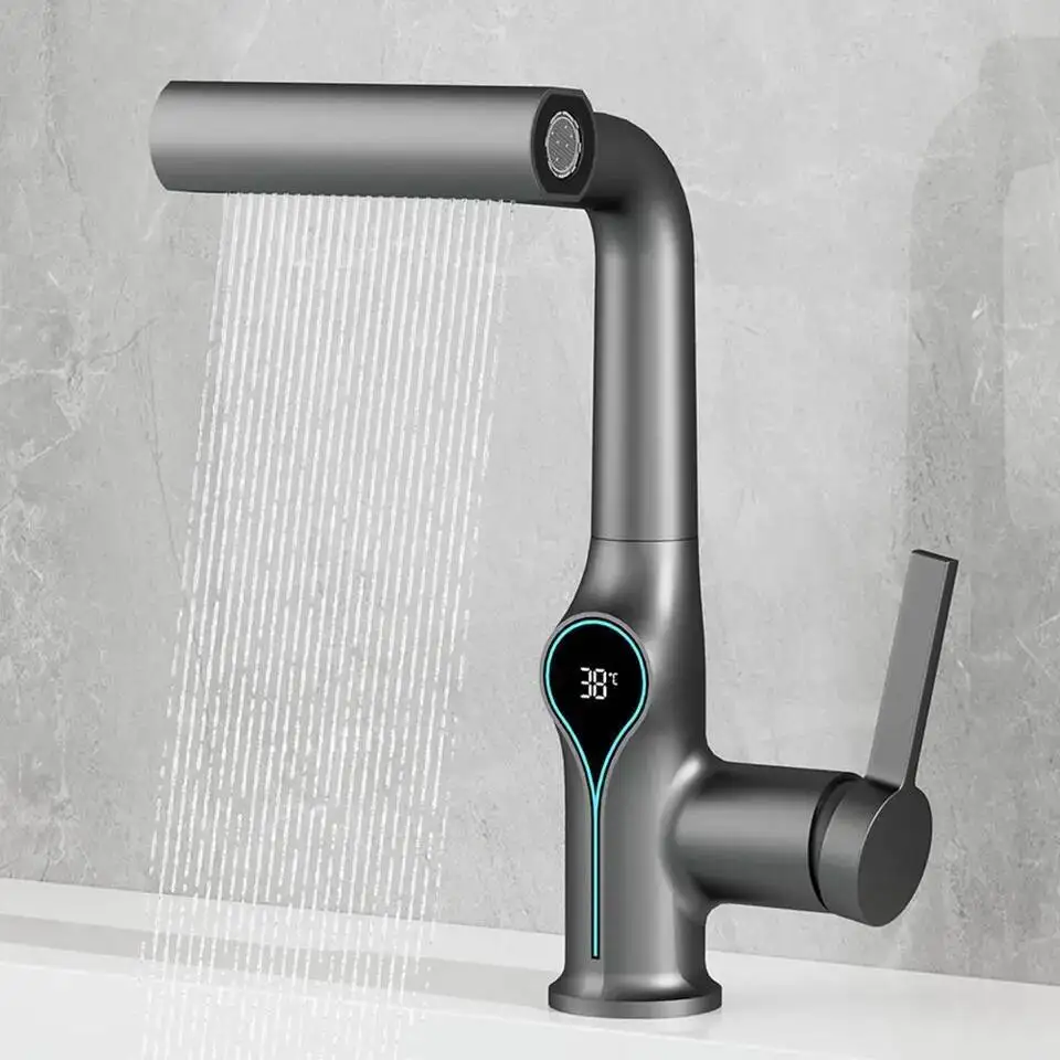 

Multi Functional Waterfall Basin 4 Mode Mixer Tap Pull Out Nozzle Bathroom & Kitchen Smart Display Sink Faucet