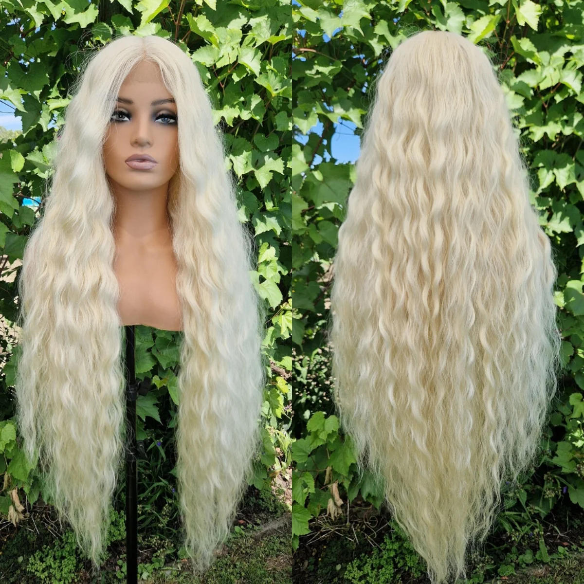 

Длинный белый блондин парик Объемная волна Синтетический парик фронта шнурка для женщин Необвязанный мягкий парик для повседневной вечеринки Cospaly Использование Доступный парик