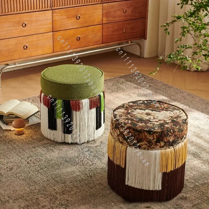 Vintage Tassel Accent Stool, Mid-Century Velvet Vanity Bench, Round Ottoman for Entryway and Boudoir Seating