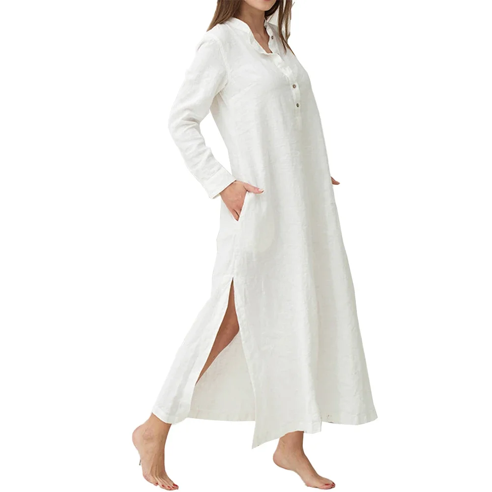 

Blouse Skirt Dress Non-Stretch Button V-Neck Vacation Cotton Linen Vintage Daily Women Female Long Loose Kaftan Hot