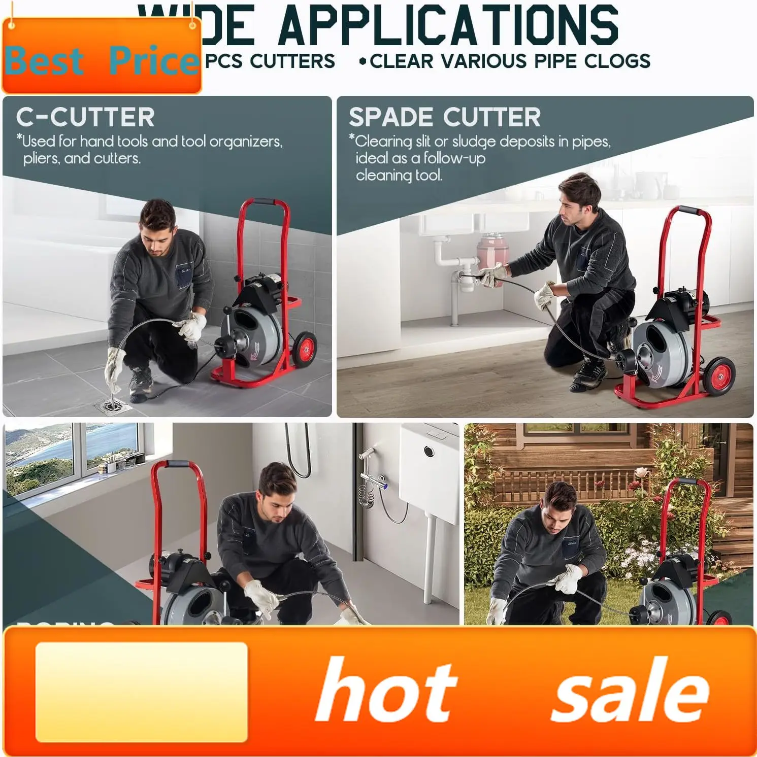 

Хит продаж: Электрическая машина для прочистки канализации 100 футов x 1/2 дюйма с автоматической подачей и 10 резцами, канализационный змеевик для труб диаметром 1–4 дюйма, F