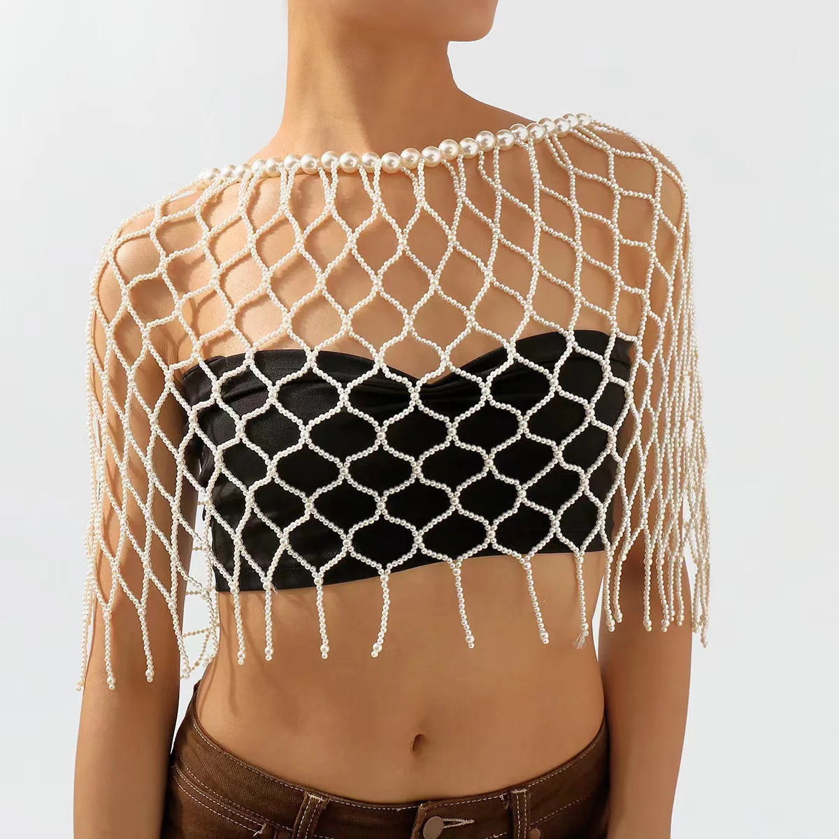 Sexy fishnet tassel shawl Pearl body waist chain hand woven everything ladies