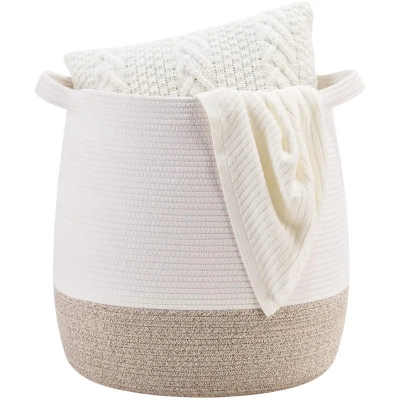  Large 17 x 17 Inches Decorative Woven Cotton Rope Blanket Basket for Living Room, Laundry Basket Hamper, Storage Baskets