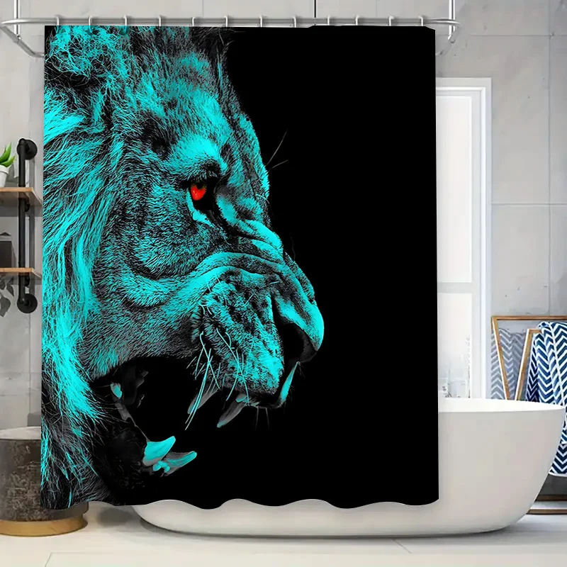 

Stylish Blue Lion Print Waterproof Shower Curtain with Hooks Easy to Clean Install Polyester Fabric Available in Various Sizes