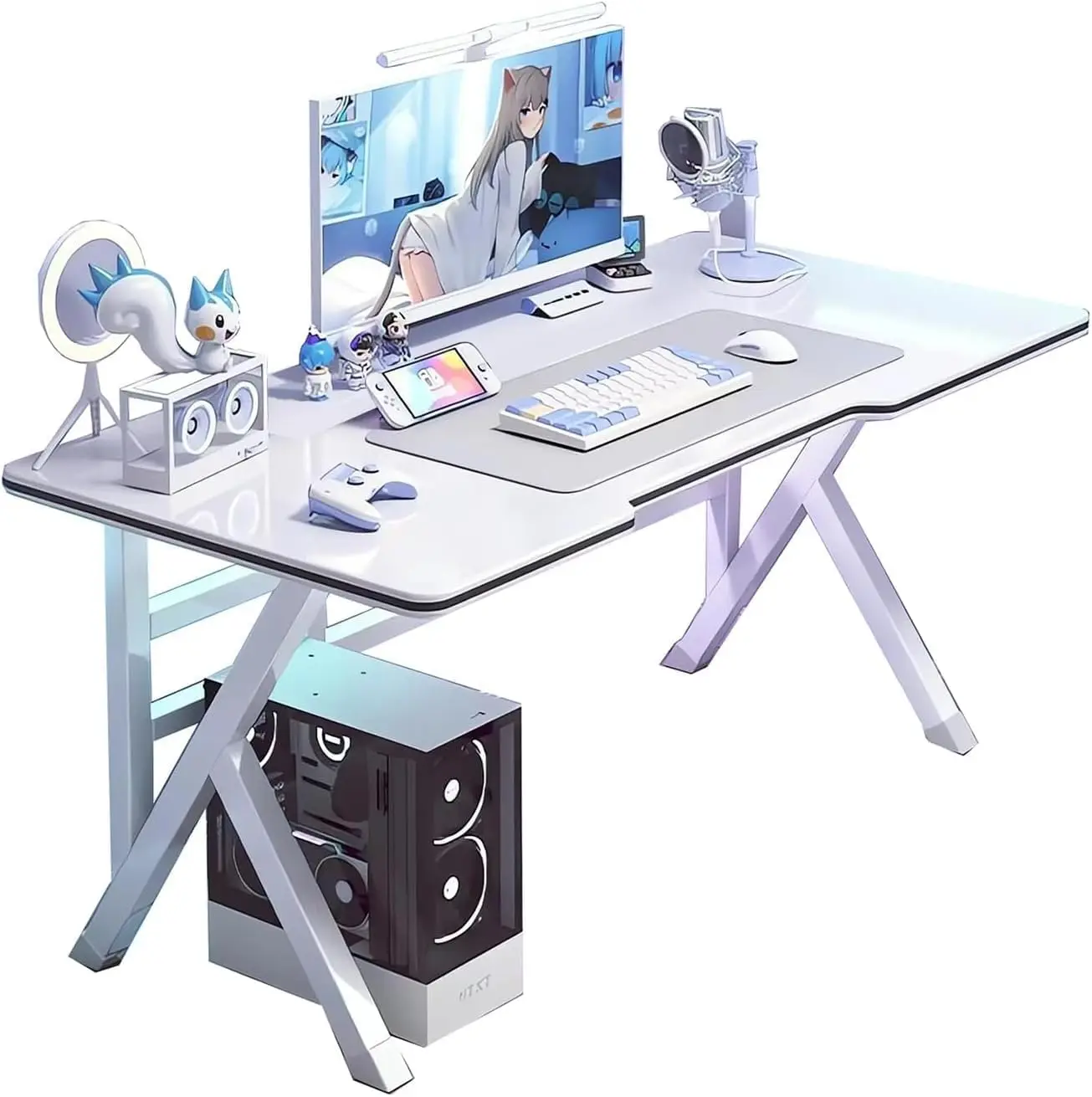 مكتب ألعاب، مكتب كمبيوتر شخصي، مكتب مكتب منزلي مريح مع محطة عمل طاولة ألعاب سطحية من ألياف الكربون لفكرة الهدايا (أبيض)