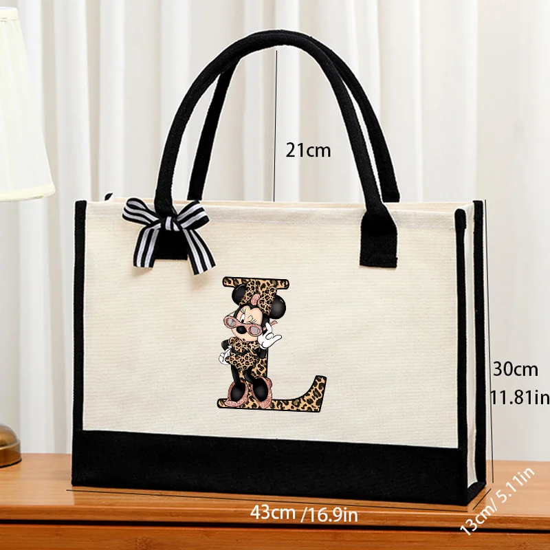 Disney Women Canvas Shoulder Bag Minnie Mouse Letter Handle Tote Bags Large Capacity Handbag Cartoon Girl Aesthetic Pouch Gifts