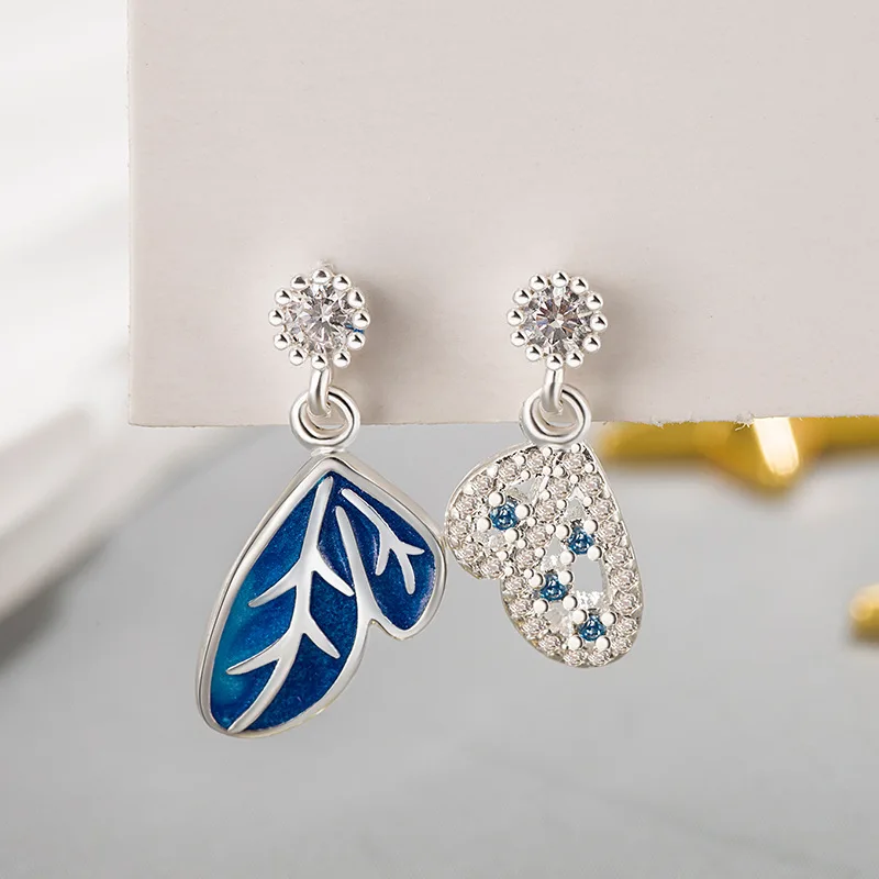 KOFSAC Exquisite Blue Butterfly Wing Earrings For Women Fashion 925 Sterling Silver Jewelry Asymmetry Zircon Earring