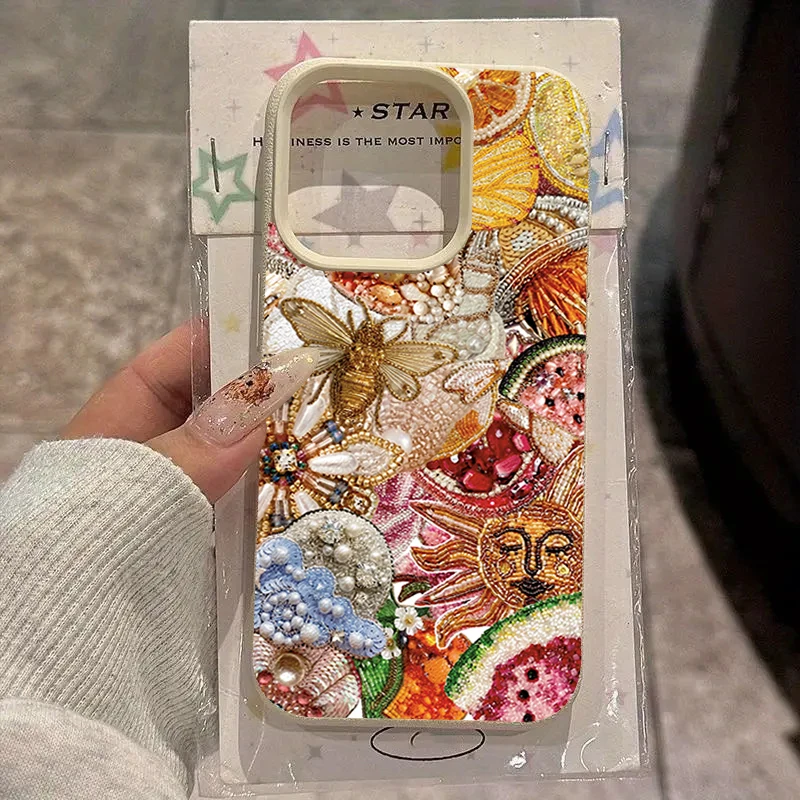 Golden Bee Sun Collage Lychee Texture Silicone Phone Case For iPhone 11 12 13 14 15 16 17 Pro Max 15 Plus 17 Air Soft Cover