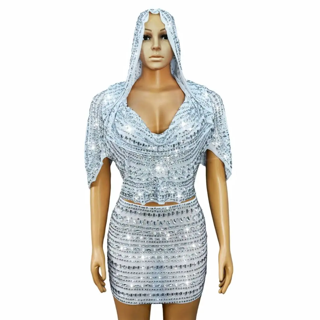

Taotouyi New White Muslim Women Shiny Silver Rhinestone Pullover Top Half Skirt Set Celebrity Dinner Party Performance Outfit