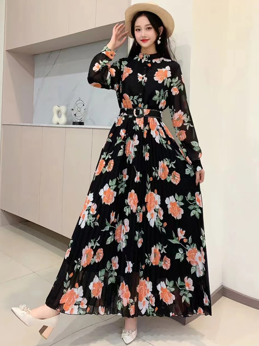 2024 New Spring Autumn Women Long Sleeve Belt Slim Long Dress High Quality Sweet Flowers Print Pleated Big Hem Chiffon Dress