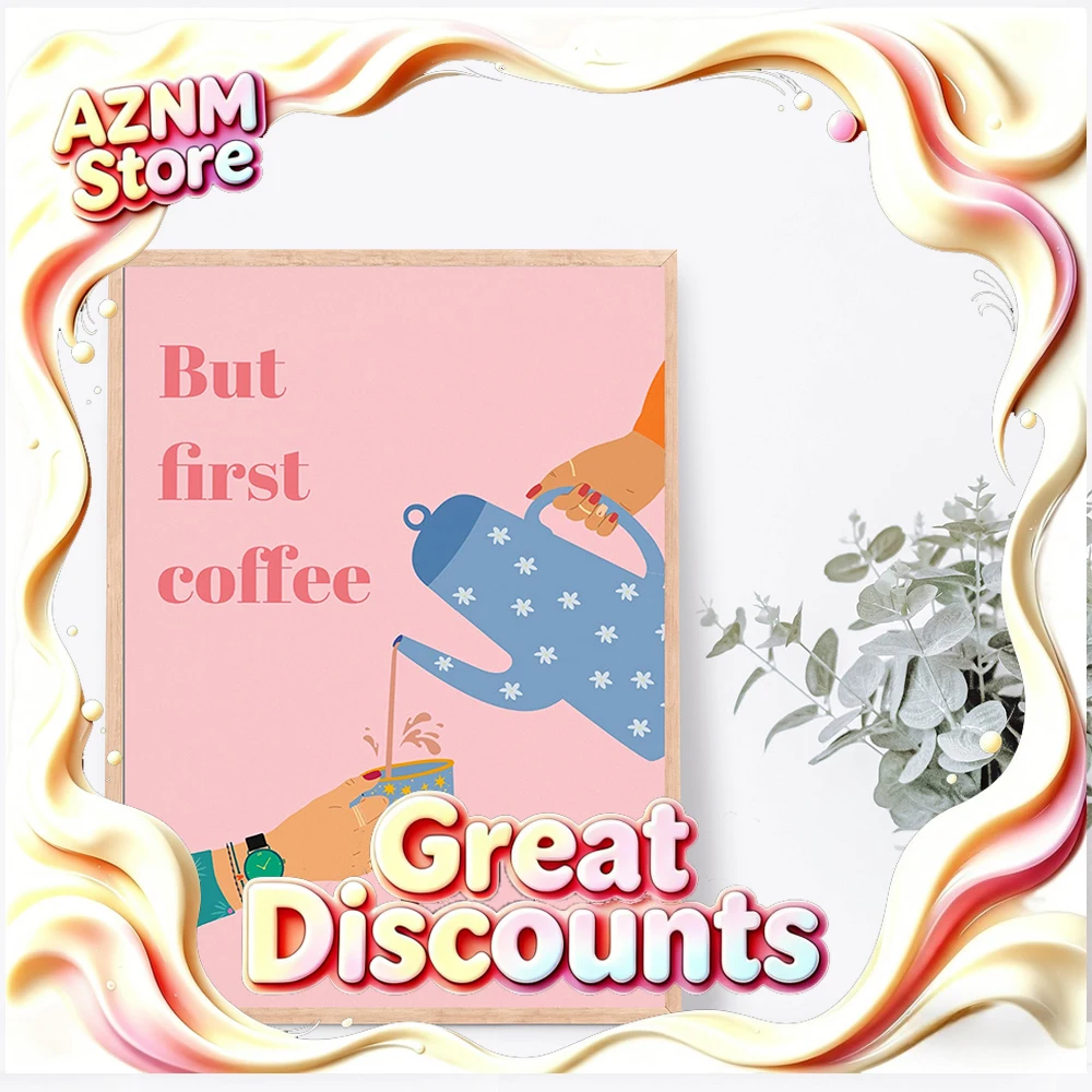 1PC Pink 'But First Coffee' Letters Posters Canvas Painting Modern Prints Wall Art for Kitchen Bar Home Office Decor Unframed