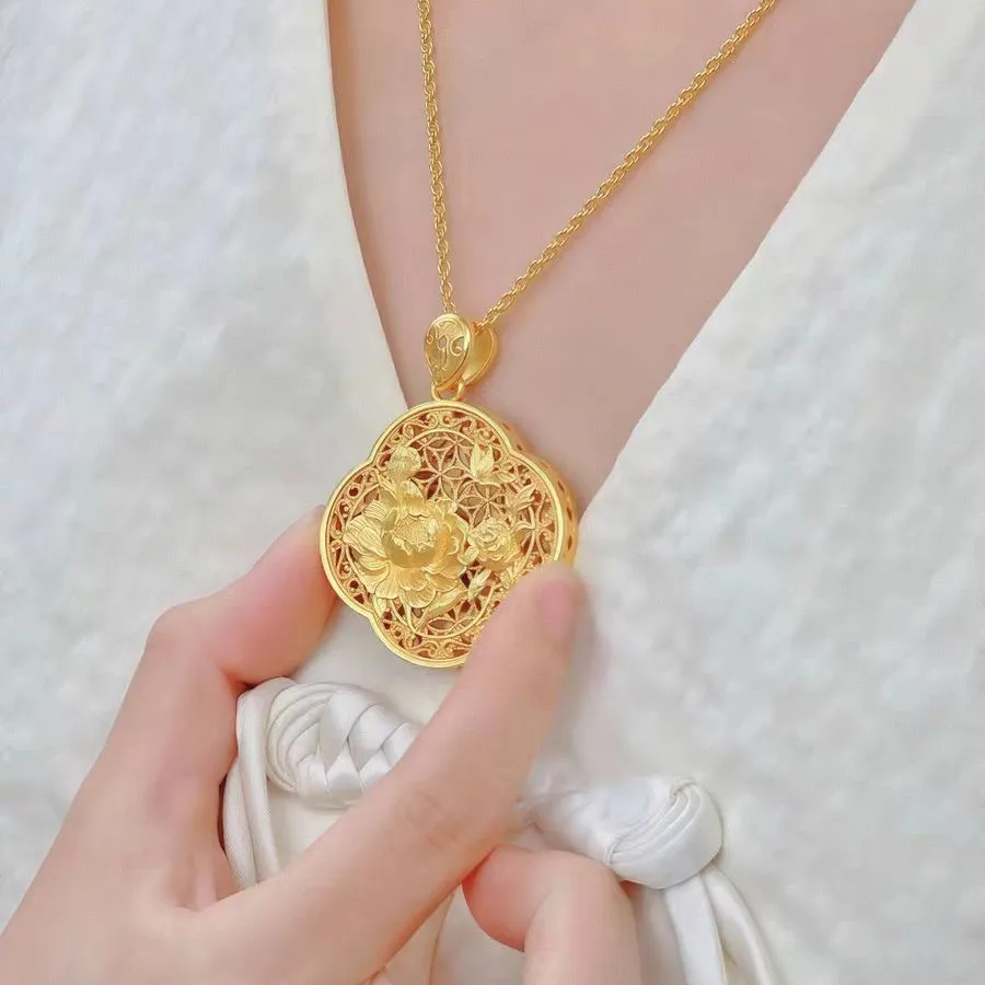

Luxury 24K 9999 Pure Gold real gold Women's Large Hollow Peony Pendant Necklace