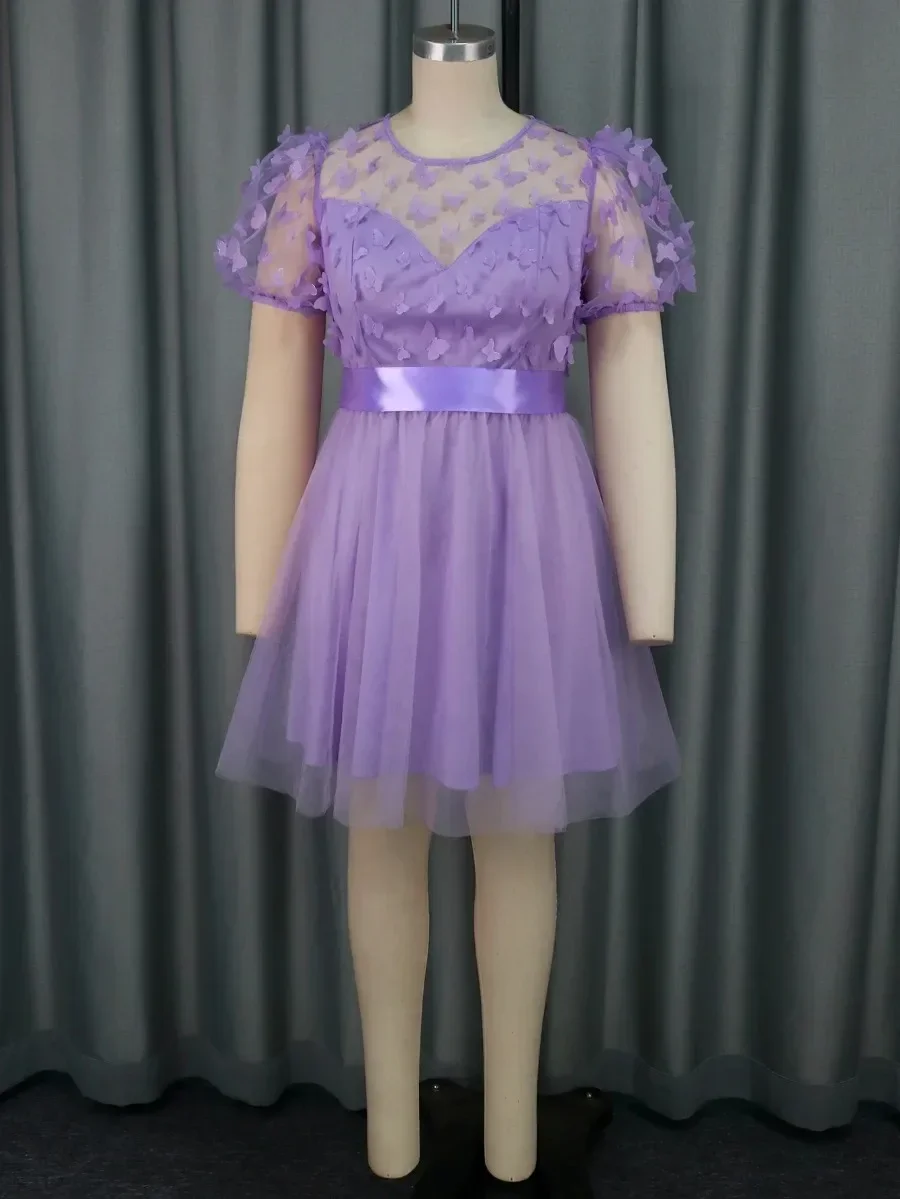 Lavanda mariposa una línea vestidos para mujer, cuello redondo, Manga corta abullonada, cintura alta, tul, noche, cumpleaños, vestidos de baile, Mini vestido