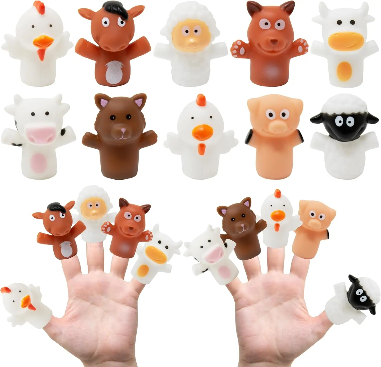 

10 Farm Animal Finger Puppets for Kids, Rubber Bath Toys & Story Time Play Set