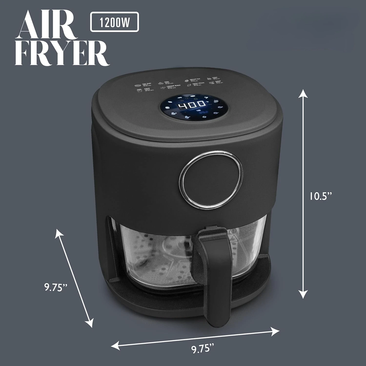 1200W 4qt ดีไซน์หม้อทอด Air fryer ทันสมัย, ตะกร้าแก้ว, เครื่องล้างจานปลอดภัย, จอแสดงผลดิจิตอล, 6 Presets-VARIABLE TEMP 175 °F ถึง400 °F