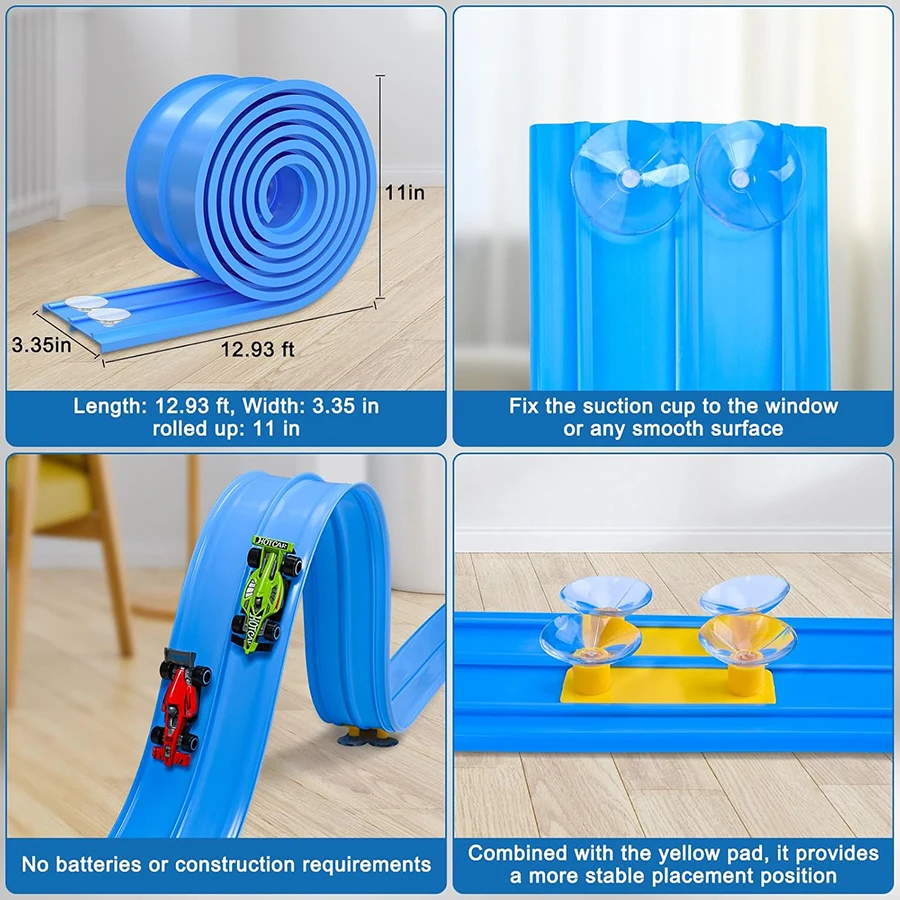 Pista de carro de corrida flexível de plástico para crianças, brinquedo com 12 ventosas e 4 juntas amarelas, compatível com 4 carros fundidos em liga 1:64