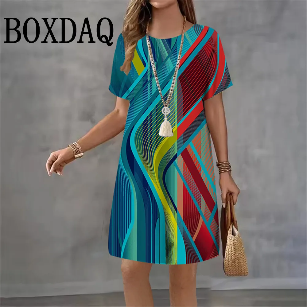 Gradient Printing Womens Dress Summer New 2026 Fashion Abstract Stripe Dress Female Streetwear Clothing Loose Short Sleeve Dress