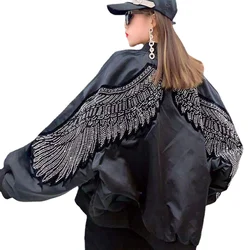 Women's Jacket Spring Autumn Loose Wings Hot Diamond Coat Black Hoodie Women Clothing