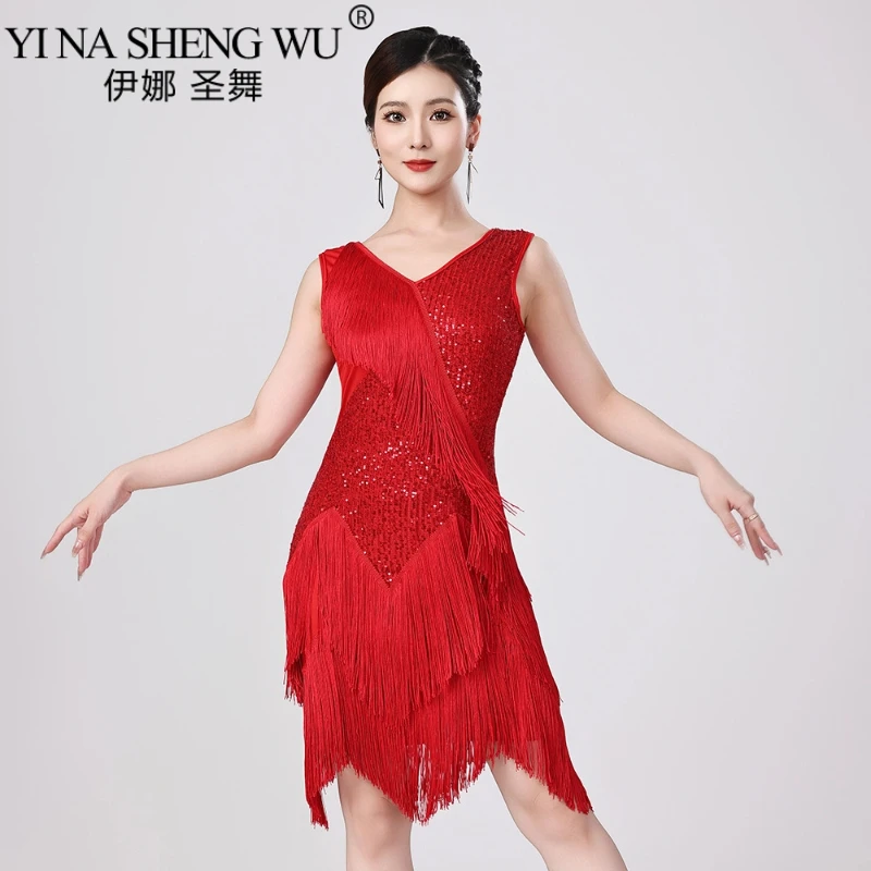 فستان شرابة للرقص اللاتيني مزين بالترتر للنساء فساتين أداء تانجو رومبا سامبا للبالغين ملابس حفلات المنافسة اللاتينية