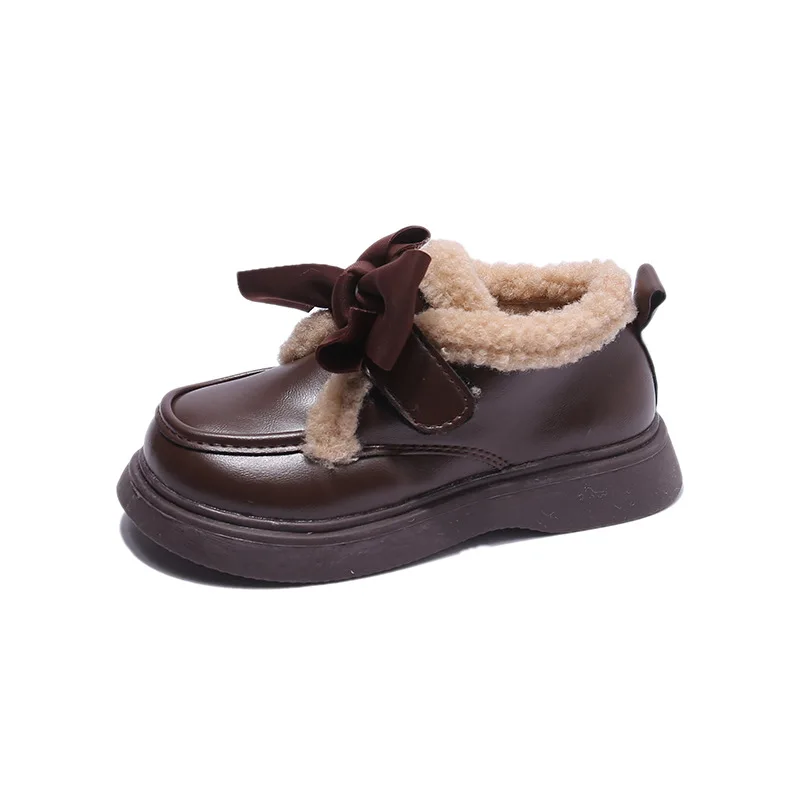 Children Plush Small Leather Shoes Winter New Warm Cotton Shoes Thick Sole Bowknot Girls Shoes Toddler Casual Shoes Kids Loafers