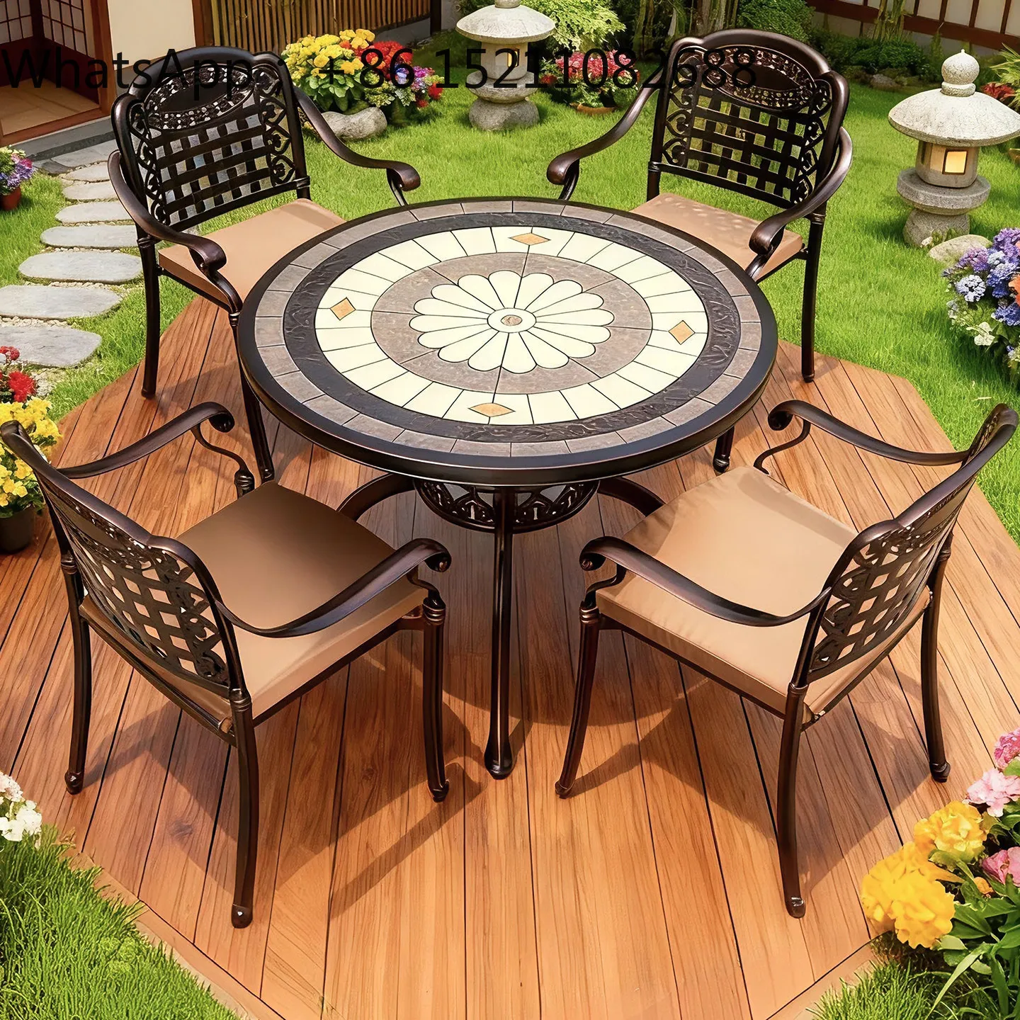 LLY outdoor courtyard table and chair cast aluminum tile round table villa yard imitation marble combination
