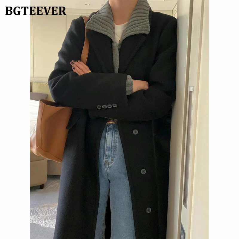 BGTEEVER Winter Long Sleeve Warm Women Woolen Coats Vintage Lapel Single-breasted Ladies Blend Overcoats