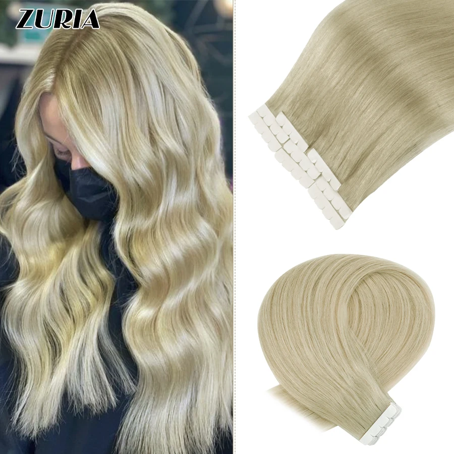 ZURIA Mini Tape Human Hair 100% Human Hair 8pcs/16pcs Straight Grey4 Tape in Hair Adhesive Extensions Human Hair