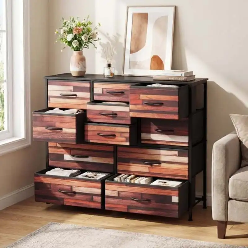 Commode à 11 tiroirs, avec doublure en tissu, structure en métal et surface en bois