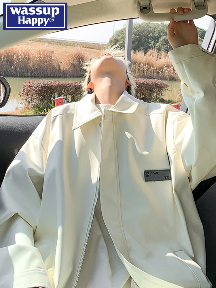 

Wassup Happy American Sle Casual Loose PU Leather Jaet for Men Spring Autumn Trendy Brand Youth Workwear Coat