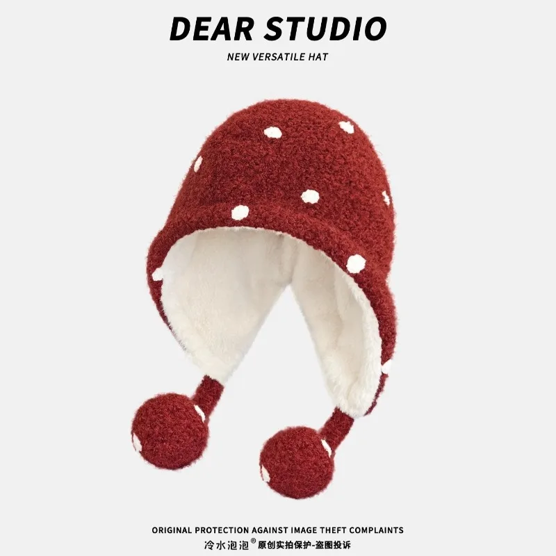 Korean Retro Polka Dot Red Plush Balaclava Hats for Women Winter Travel Versatile Warm Ear Protection Cute Pom-pom Bomber Hat
