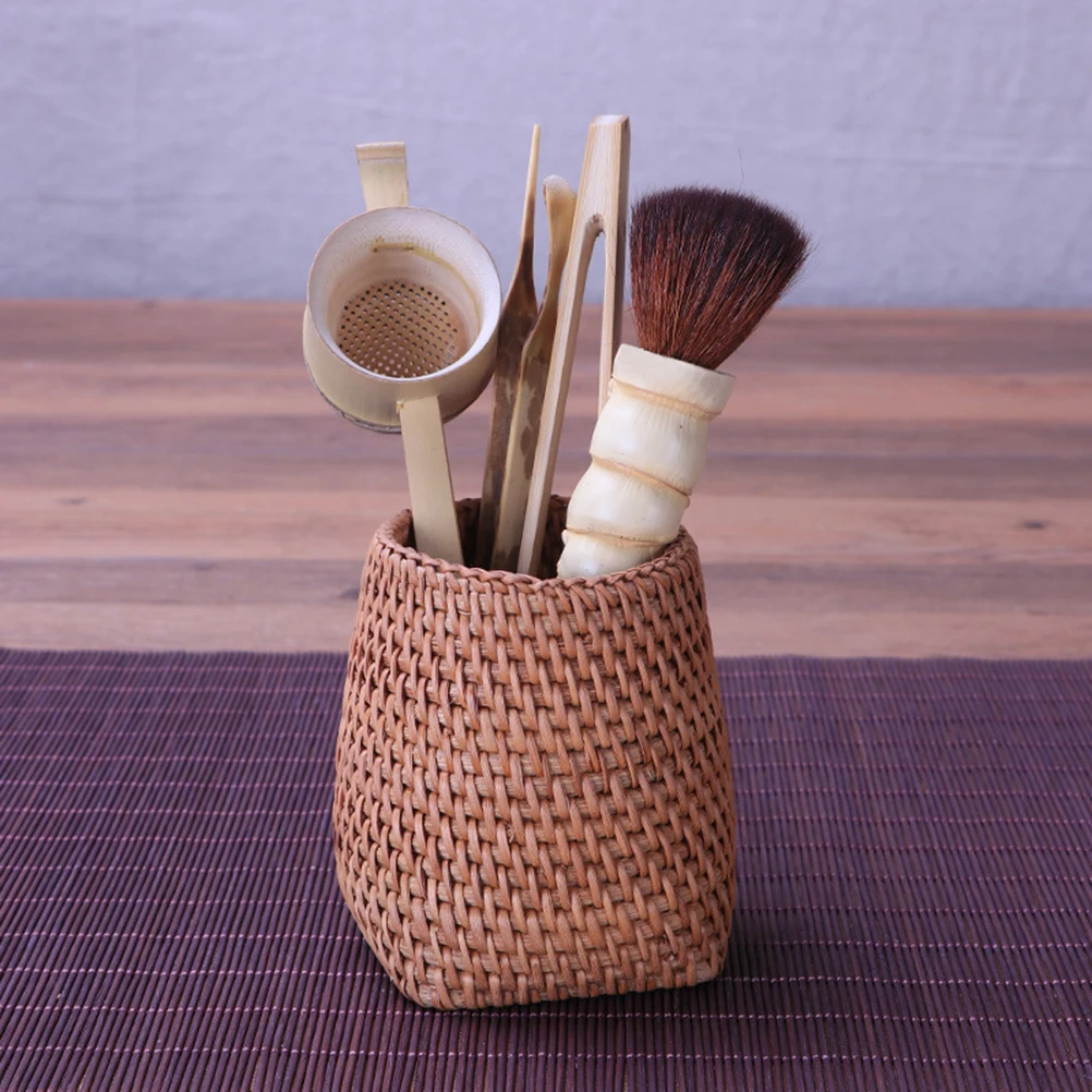 

1pc Tea Set Basket Rattan Woven Container For Home Office Restaurant Multi-Purpose Storage Organizer Round Top Square Bottom
