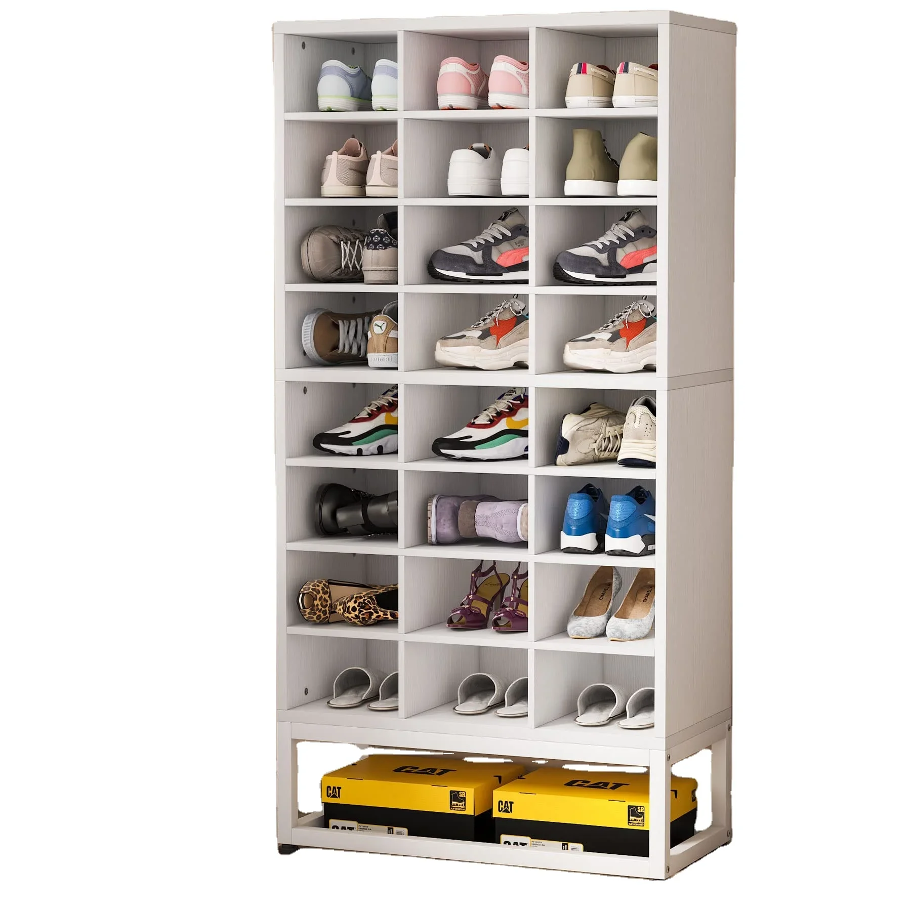 8-Tier 24 Cubbies Tall Shoe Organizer Storage Cabinet White Wooden Shoe Rack with Adjustable Partition for Entryway