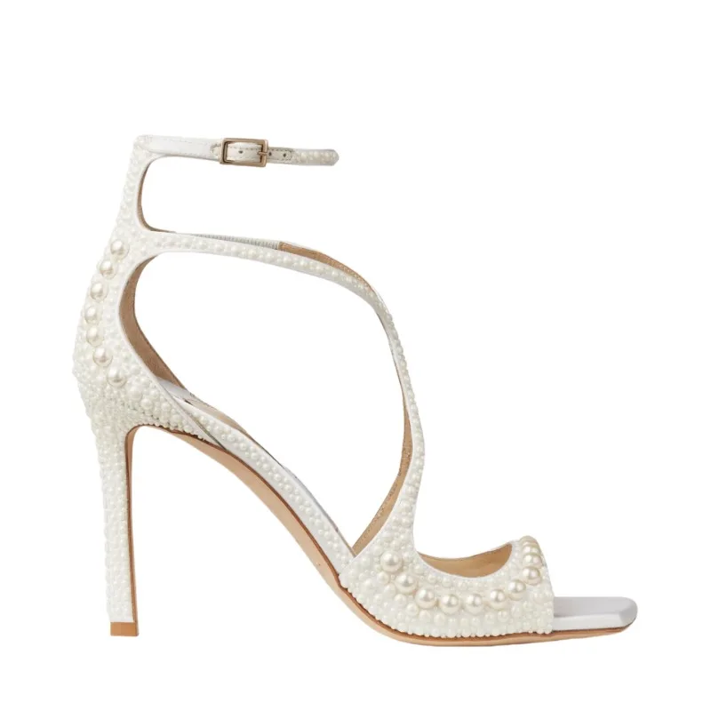 Tacchi alti sottili alla moda europea e americana, bocca di pesce a testa quadrata, sandali con fibbia con cinturino di perle Sexy, scarpe da sposa