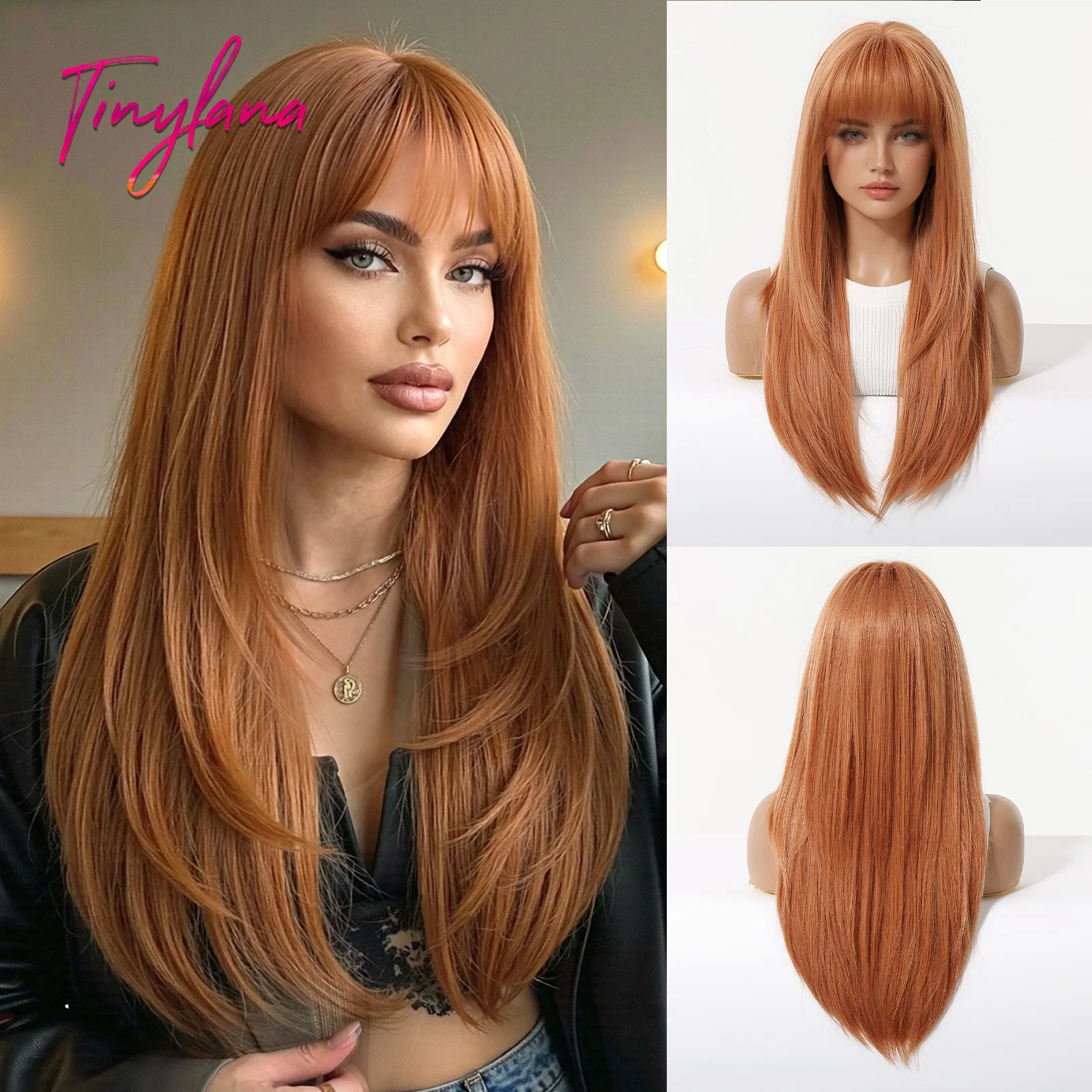 

Long Orange Synthetic Wigs with Bangs for Women Colorful Party Copper Ginger Cosplay Christmas Wigs Heat Resistant Natural Hair