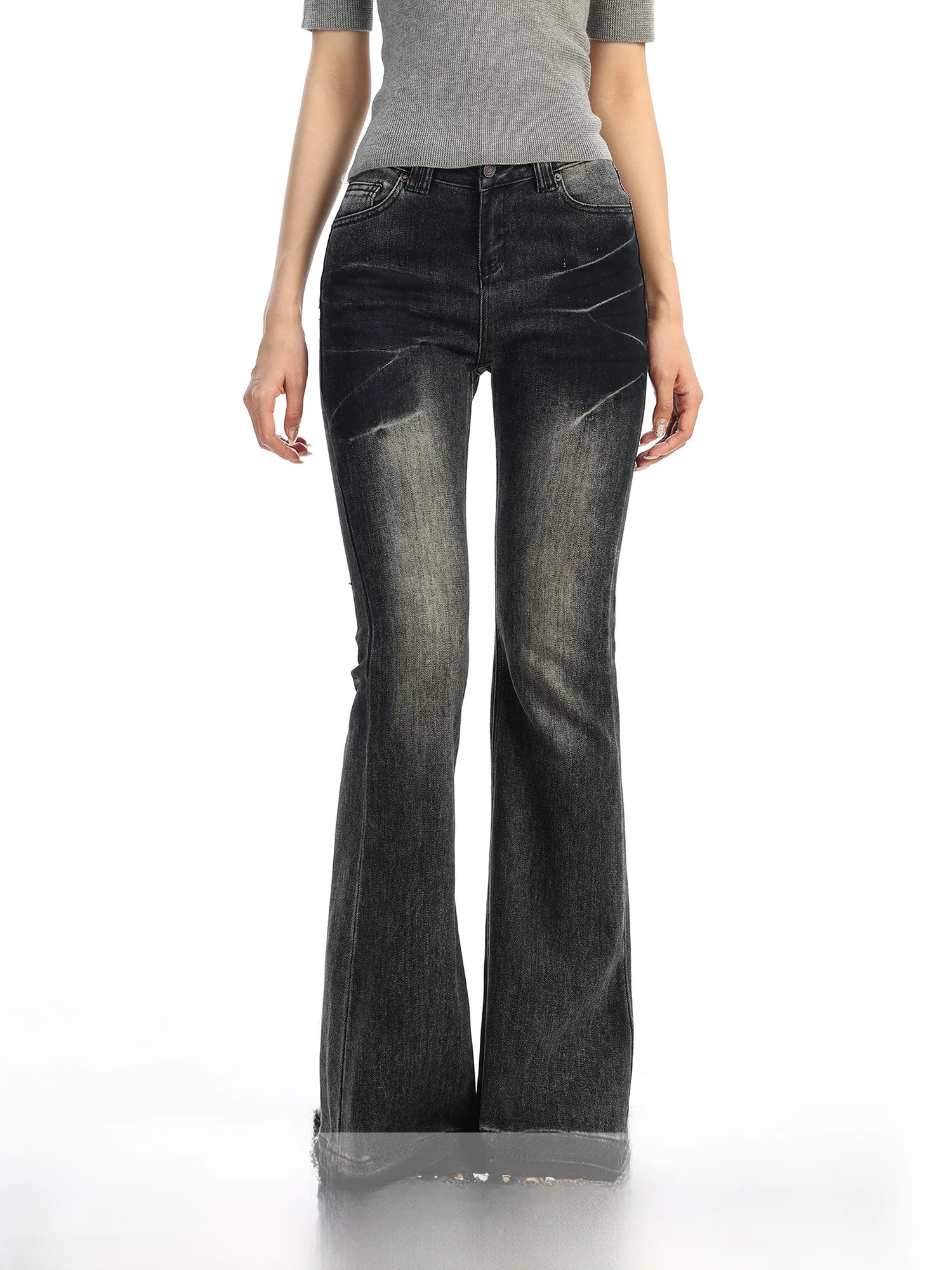 

Женские джинсы-клеш с низкой посадкой, утягивающие, с эффектом потертости, на молнии, прямого кроя, в стиле ретро