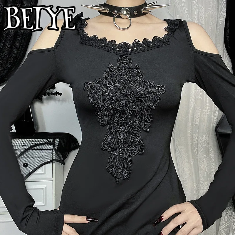 Harajuku mode borduurwerk bodycon mini-jurk zwart vestido grunge techwear mall gothic off-shoulder goth dark jurken met capuchon