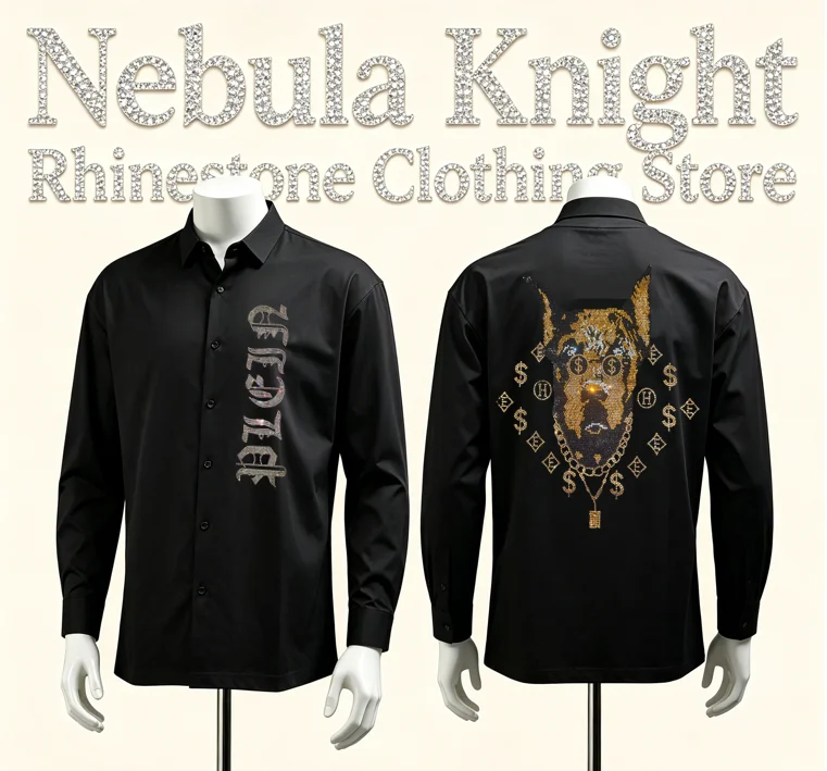 Men Luxury Rhinestone Long Sleeve Button Down Shirt Slim Fit Black Dress Singer Stage Performance Costume Party Casual Blouse