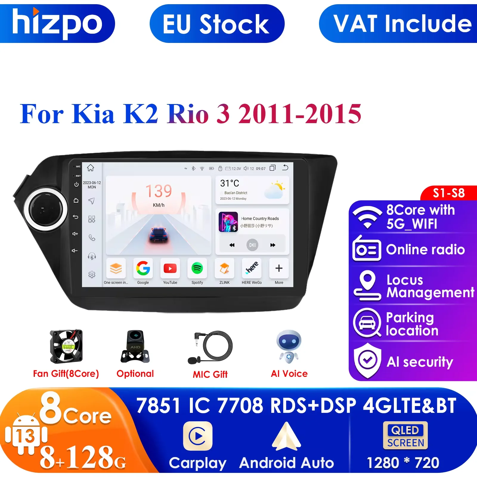 Autoradio Android 13 Car Radio GPS Multimedia Video Player for Kia Rio K2 2011-2015 Navigation Carplay 4G DSP RDS SWC BT WIFI PC